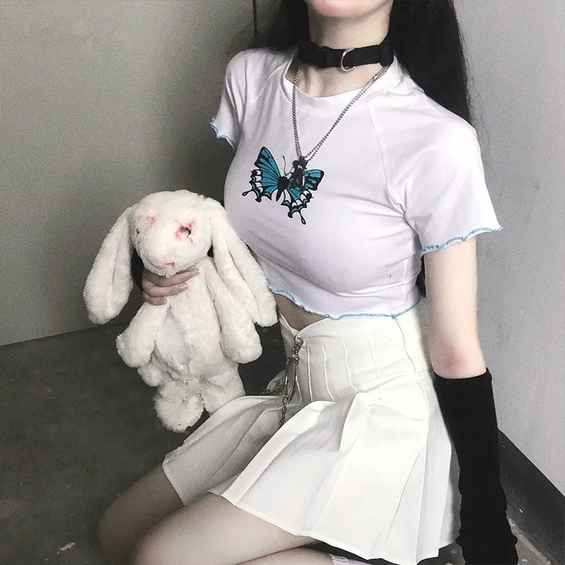 

Vintage Sweet Butterfly Print Short Crop Tops Women Slim Casual O Neck Short Sleeve T-shirt Female Summer Tees