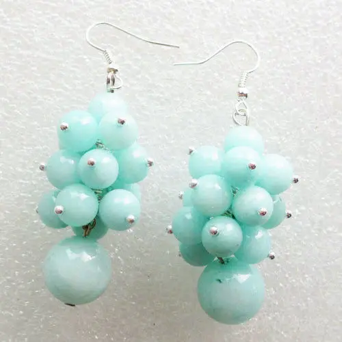

M030 Pair Of Exquisite Light blue Jade Round Beads Earrings 18K GP style Fine jewe Noble Natural jade fast SHIPPING
