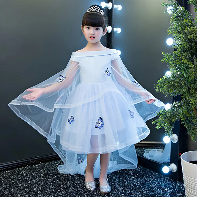 

2018 New Summer Fashion Luxury Children Girls Pink/Blue Color Birthday Wedding Party Dress Kids Shoulderless Pageant Mesh Dress