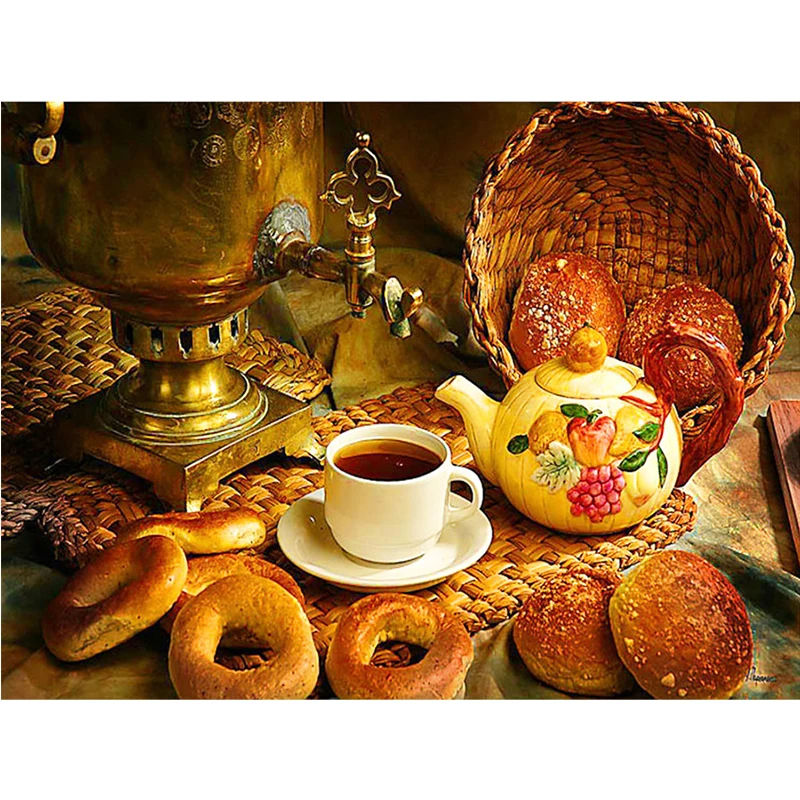 

New diamond painting kettle set coffee bread round diy diamond embroidery mosaic restaurant kitchen decorative wall stickers