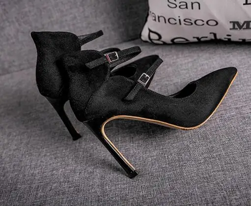 

Hot selling pointed toe high heel shoes black suede ankle strap woman pumps winter newest stiletto heels