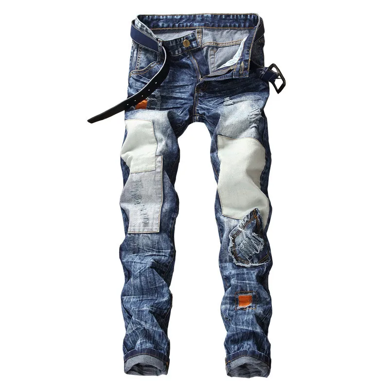 Newsosoo Fashion Men Hi Street Patchwork Jeans Pant Streetwear Ripped Denim Trousers With 
