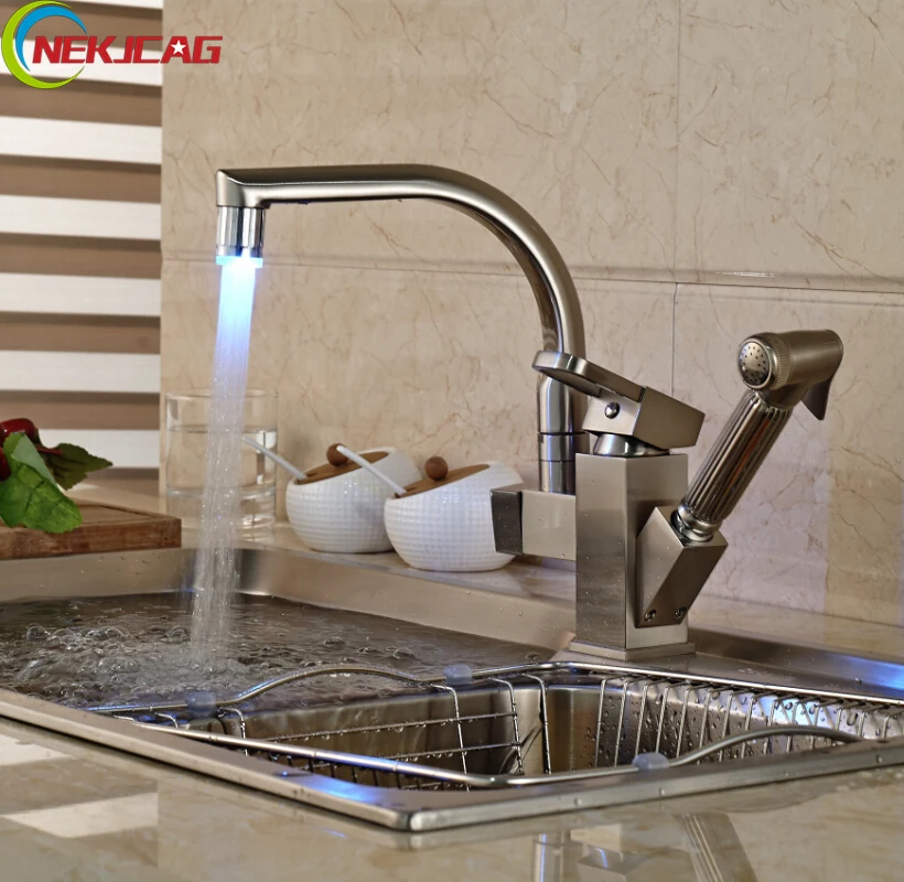

Free Shipping Brushed Nickel LED Light Kitchen Mixer Faucet Deck Mounted Side-sprayer Double Spout Hot and Cold Water Taps