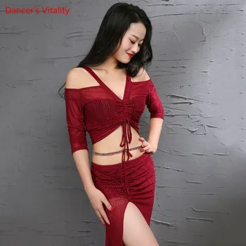 

New Sexy Prom Dresses Women Dance Set 2pcs Top and Skirt Lace Costume for Belly Dance Competition Suit