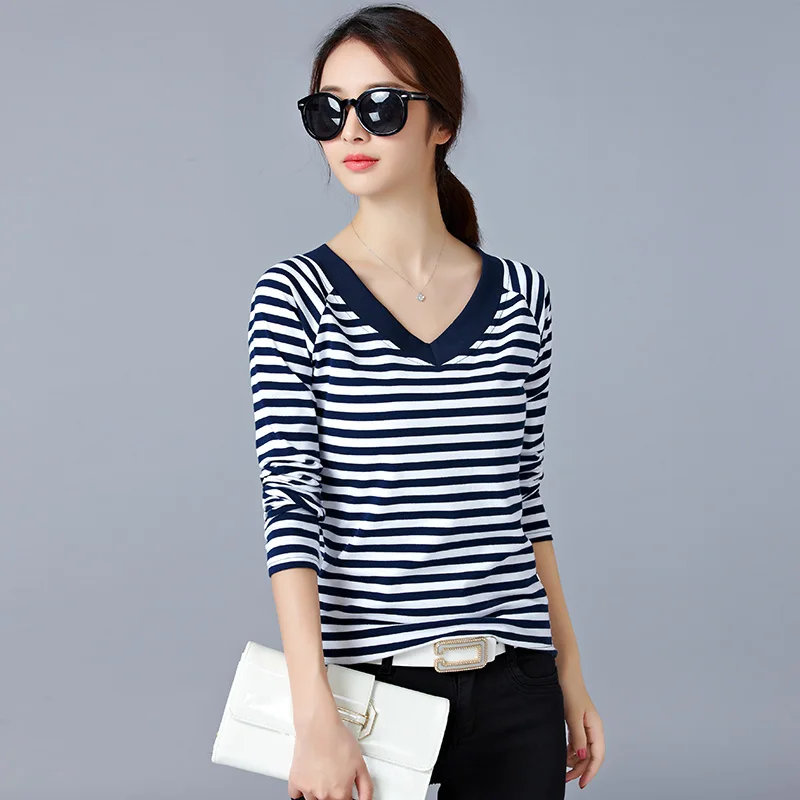 

Han edition new age season cotton v-neck stripe of cultivate one's morality show thin long sleeve top female T-shirt
