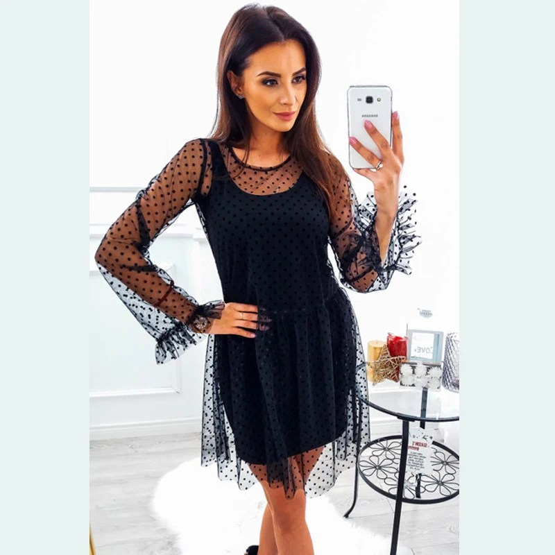 

2019 Women Summer Sexy Hot Fashion Dress Mesh Dot Two- Piece Solid Elegant Long Sleeve Mini Party Vintage Female Vestidos