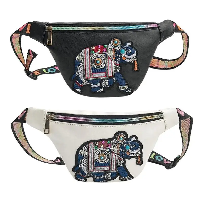 

Ethnic Women Leather Waist Bags Elephant Embroidery Chest Belt Fanny Pack Travel Shoulder Bag Vintage Cartoon Embroidery Bag
