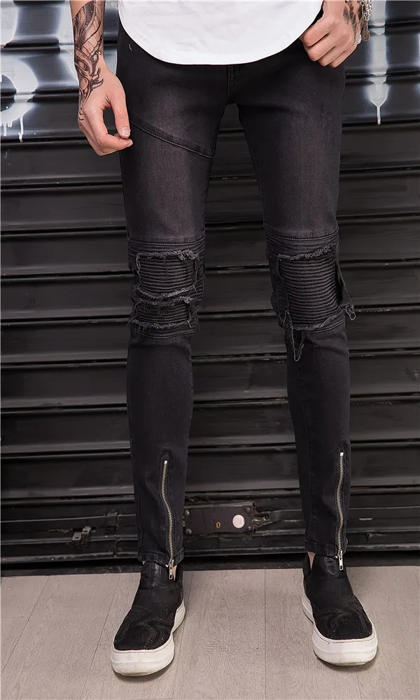 Мода весна осень локомотив колено складные плиссированные обтягивающие мужские джинсы нога молния хлопок Байкер карго ночной клуб уличные брюки