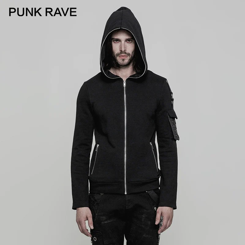 

PUNK RAVE Spring Autumn Simple Street Short Men Sweatshirts Knitted Big Hat Zipper Interwoven Pocket Keel Brush Sleeve Hoodies