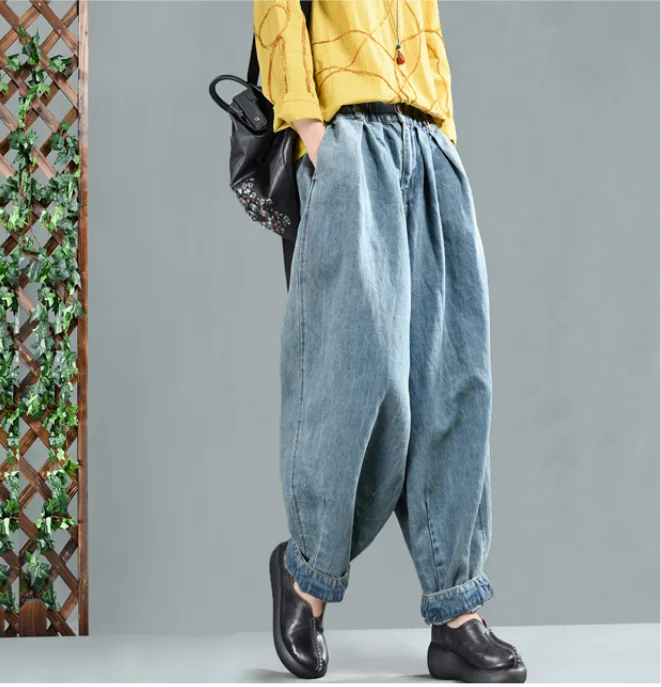 Небесно-голубой Spring Jeans Women Retro Loose Denim Pants New Ladies Elastic Waist Button pocket Blended Trousers Casual Denim knickerbockers - Цвет: Небесно-голубой