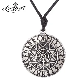 

LIKGREAT Aegishjalmur Helm of Awe Pendant Necklace Protection Amulet Viking Runes Round Pendant Talisman Antique Gothic Necklace