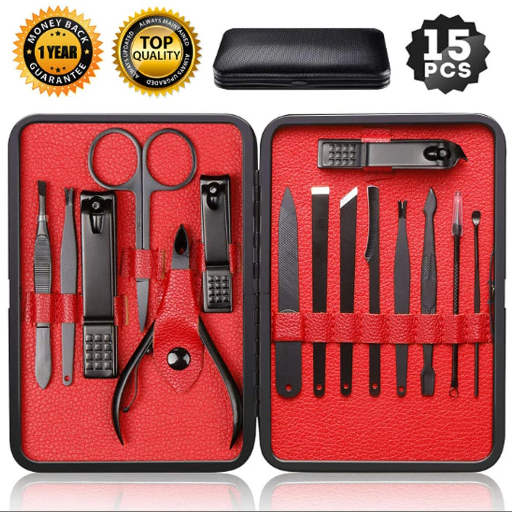 

15 Pcs Black Stainless Steel Nail Clipper Cutter Trimmer Ear Pick Grooming Kit Manicure Set Pedicure Toe Nail Art Tools Set Kits