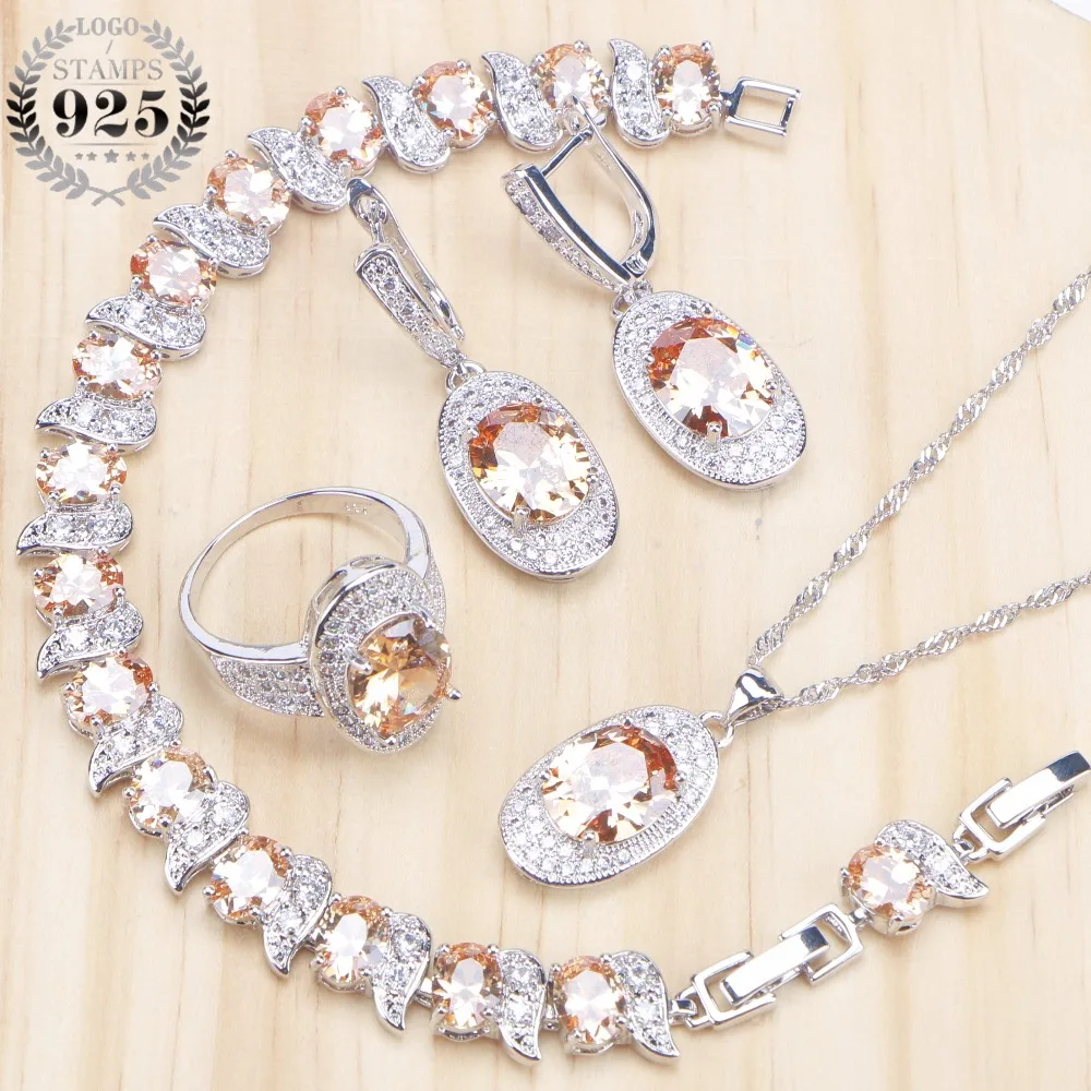 

Champagne Ziconia Bridal Silver 925 Jewelry Sets Earrings For Women Wedding Jewelry Necklaces & Pendants Rings Bracelet Set