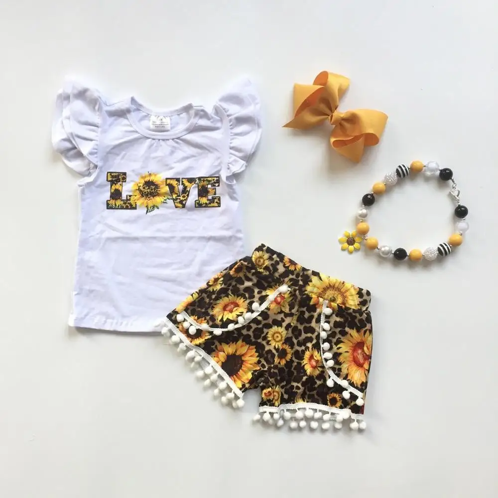 

Summer baby children girls outfits LOVE pom-pom leopard sunflower shorts boutique clothes kids sets matching necklace and bow