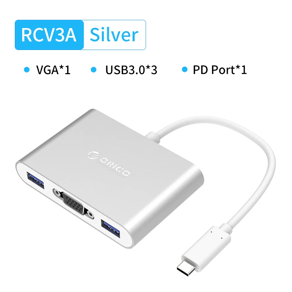 ORICO Type-C HUB USB C to Multi USB3.0 HDMI/VGA/RJ45/SD TF Card Reader Splitter PD Charger Adapter Docking For Laptop Macbook - Цвет: RCV3A Silver