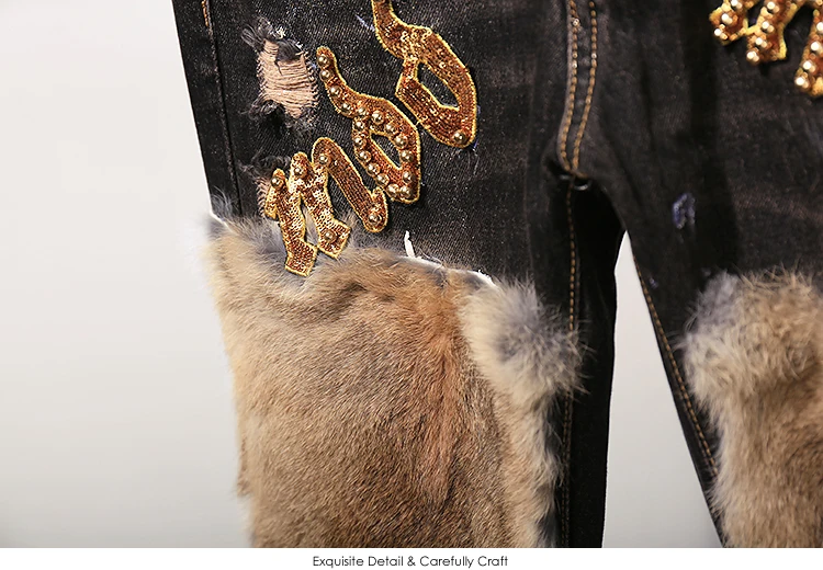 Модный женский комплект 2 шт. Джинсовый комплект из настоящей кроличьей шерсти, джинсовый костюм, теплый двухсекционный костюм для женщин, зимняя короткая куртка+ джинсовые штаны