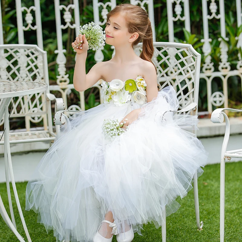 

Pure Handmade White Color Flower Girl Wedding Tutu Dress Elegant Children Long Prom Baptism Party Dresses For Graduate Photos
