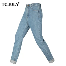 TCJULY Модные хлопок прямые джинсы для женщин плюс размер свободные повседневные джинсовые брюки без карманов тонкие голубые джинсы
