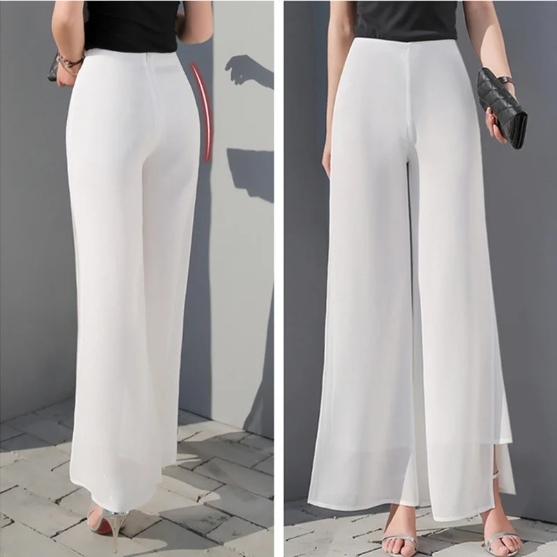 ZOGAA женские летние широкие длинные брюки повседневные винтажные шифоновые с высокой талией с Боковым Разрезом Свободная юбка богемная брюки капри одноцветные