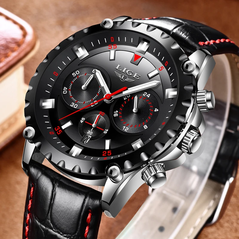 

Mens Watches Top Brand LIGE Military Sports Waterproof Leather Watch Men Business Fashion Black Quartz Clock Relogio Masculino