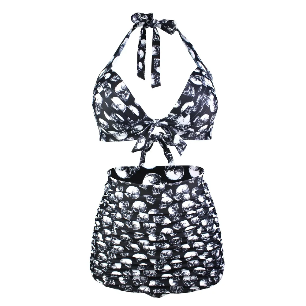 

Sexy Skulls Print Plus Size Bikini Set Vintage Biquini Bathing Suit High Waist Halter Top Push up Swimsuit 4XL Maillot De Bain