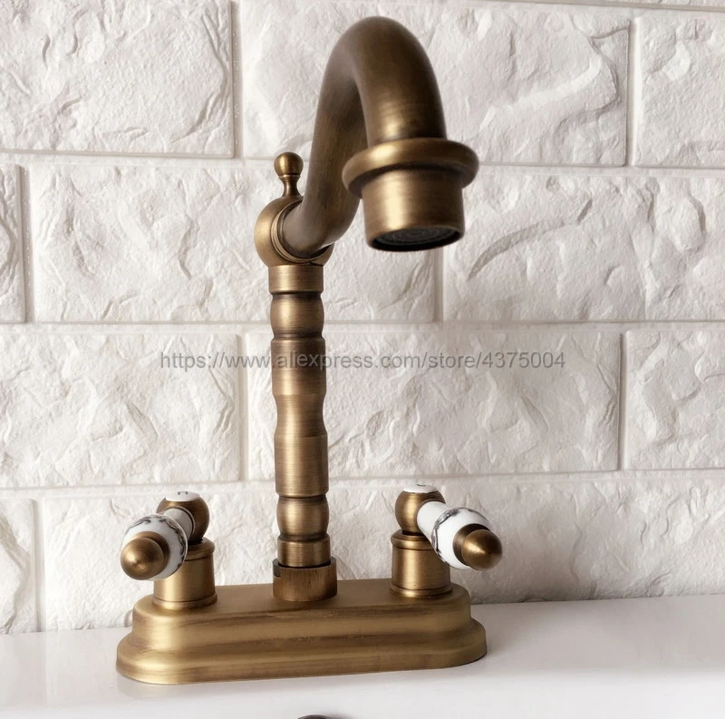 Antique Brass Bathroom Basin Sink Faucet Double Handle Basin Vessel Double Hole Sink Mixer Tap Counter Basin Faucet Nan067