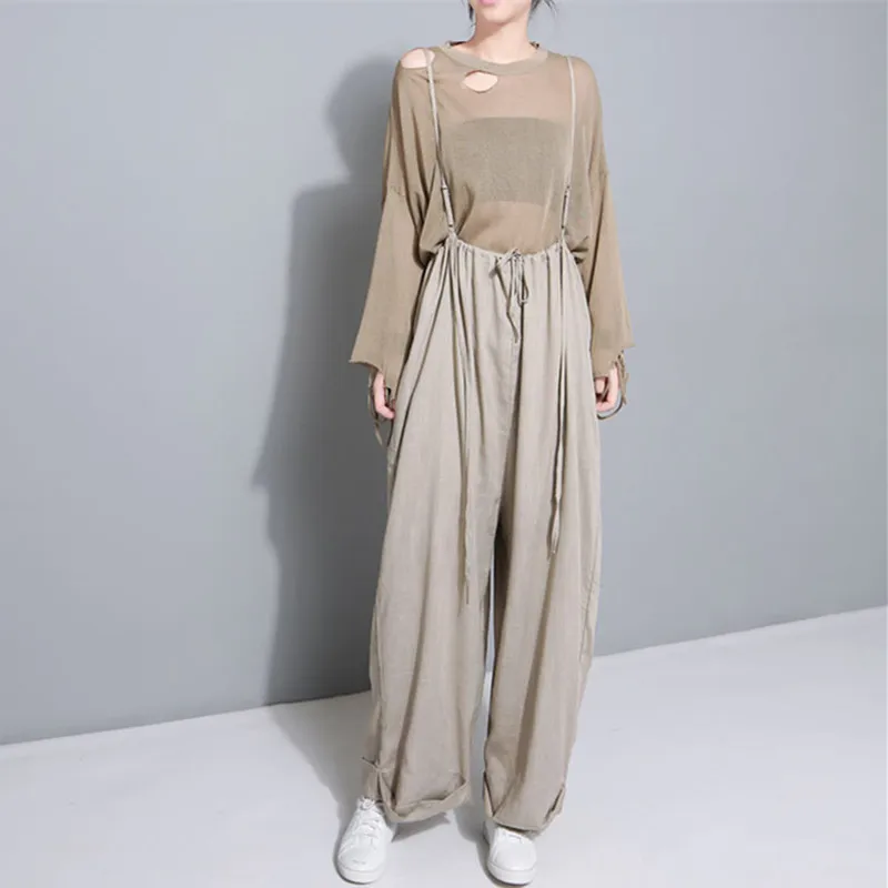 

Johnature 2019 Summer Harajuku Cotton Linen Plus Size Women Jumpsuits New Solid Color Japanese Loose High Waist Tie Bodysuits