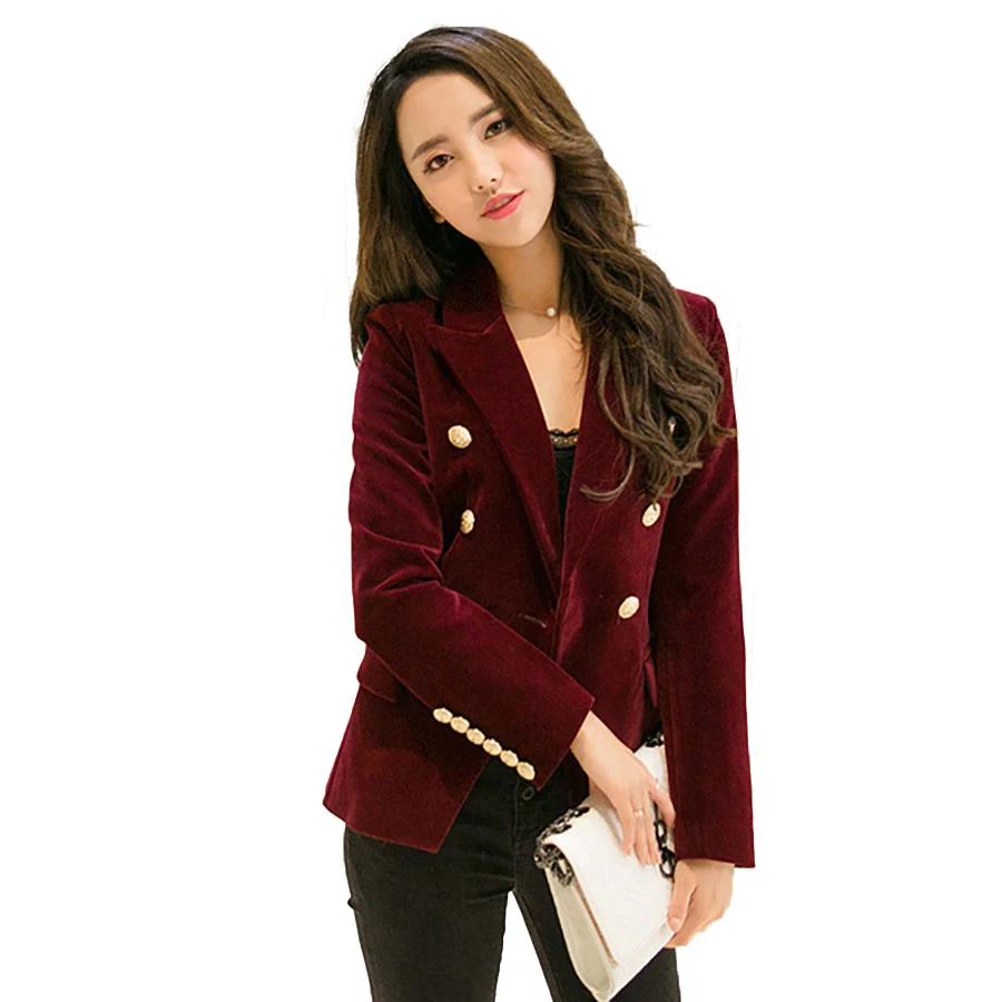 Buy Red Black Velvet Blazer Women Vintage Button