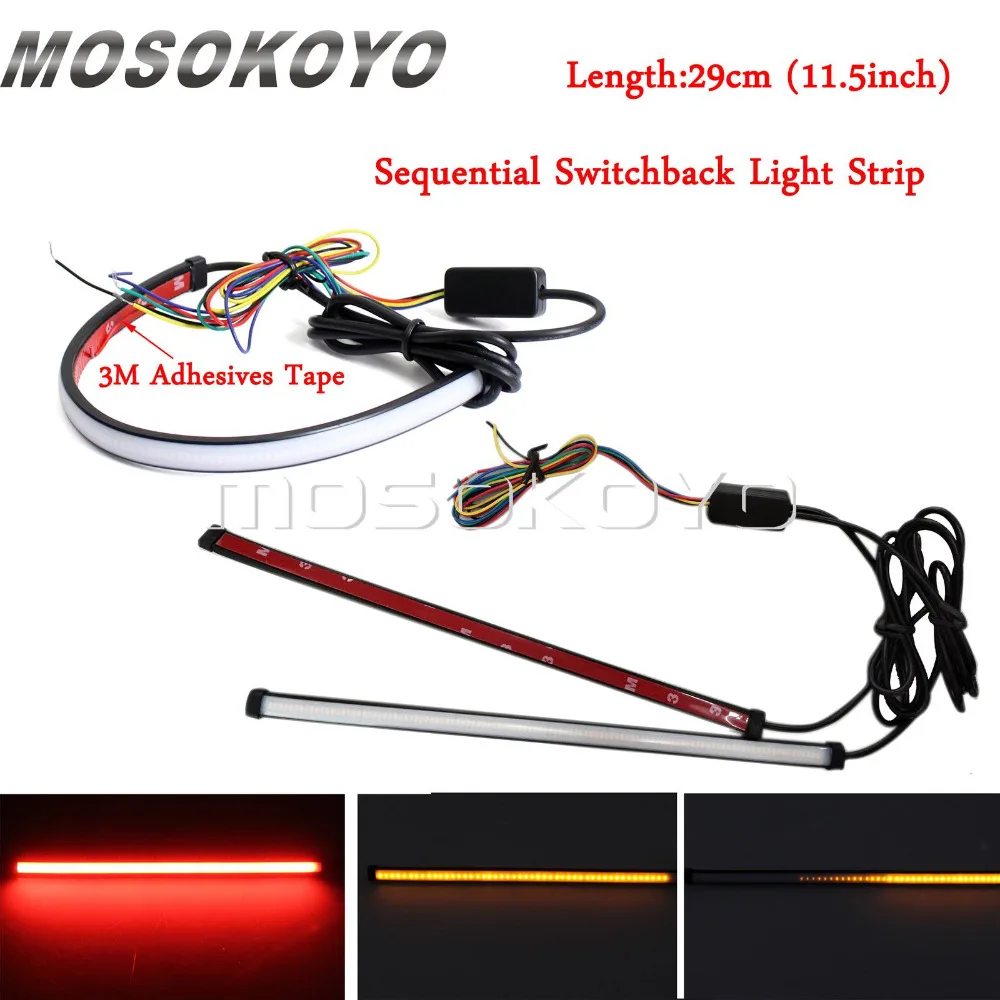 

11.5" LED Sequential Strobe Brake Light Flowing Switchback Light Strip Stick On Cafe Racer Flexible Car Two In One Flasher DRL