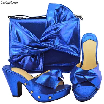 

Royal Blue Womens wedding shoes with matching bags Bride Fashion shoes and purse set 9.5cm heel Slip On Soft Pump B88-18