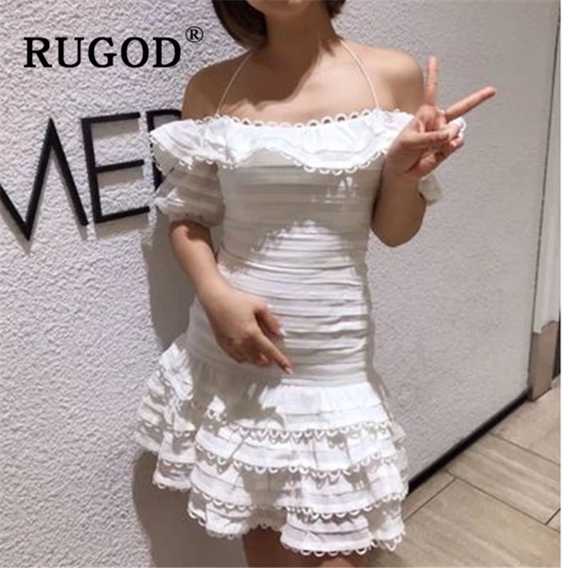RUGOD сексуальное декольте с открытыми плечами белое женское платье для шоу элегантное Пышное мини-платье для торта женское сексуальное открытое летнее платье