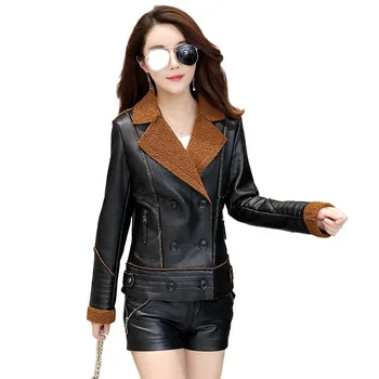 

Autumn Winter 2018 New Fashion Leather PU Jacket Coat fashion Black green brown Double Breasted short Jacket outerwear NW1005
