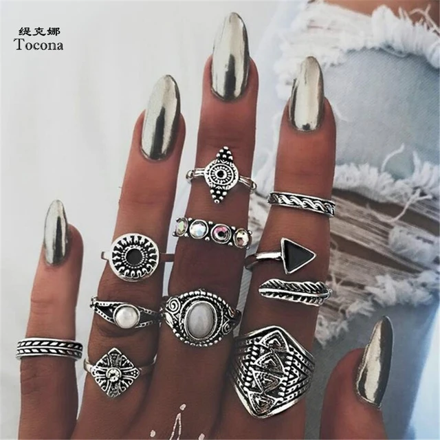 Tocona 10pcs/Set Bohemia Antique Gold Silver Arrow Leaf Carved Rings Sets Rhines Tocona 10pcs/Set Bohemia Antique Gold Silver Arrow Leaf Carved Rings Sets Rhines