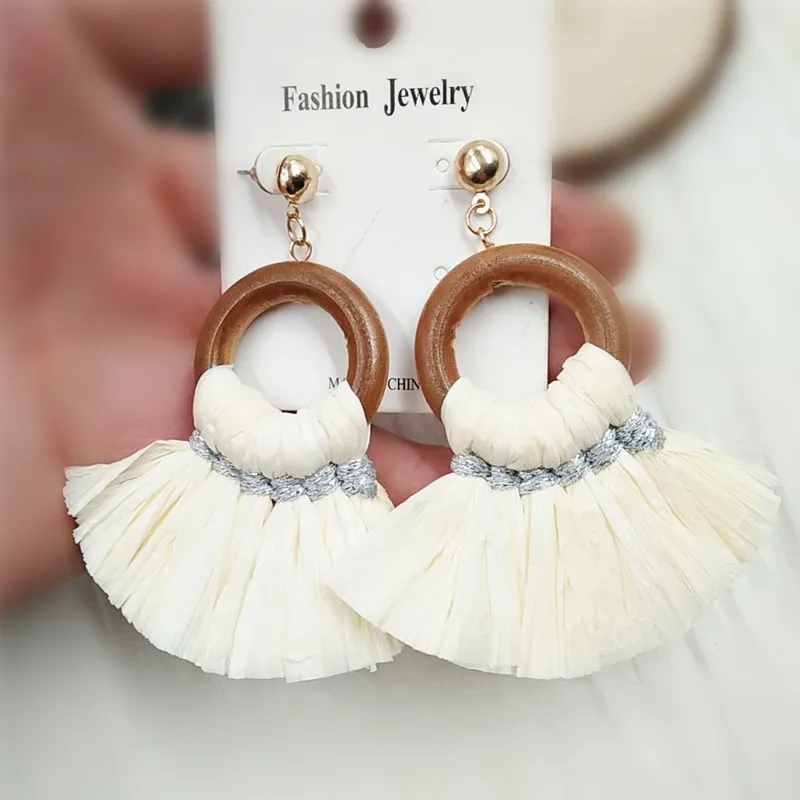 Handmade Exaggeration Fashion Braided Lafite Weaving Tassel Big Earrings Bohemian Style Wedding Party Jewelry Gift ET55 (3)