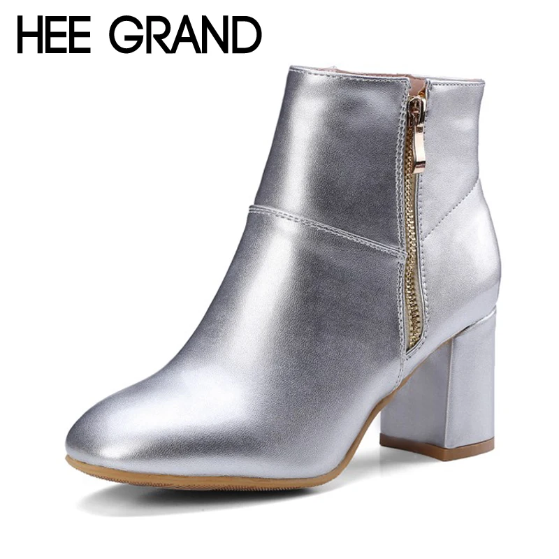

HEE GRAND Winter Warm Sexy Ankle Boots Women Square Toe Shoes zip on Solid PU Silver Gold Ankle Boots Shoes Size 35-43 XWX6401
