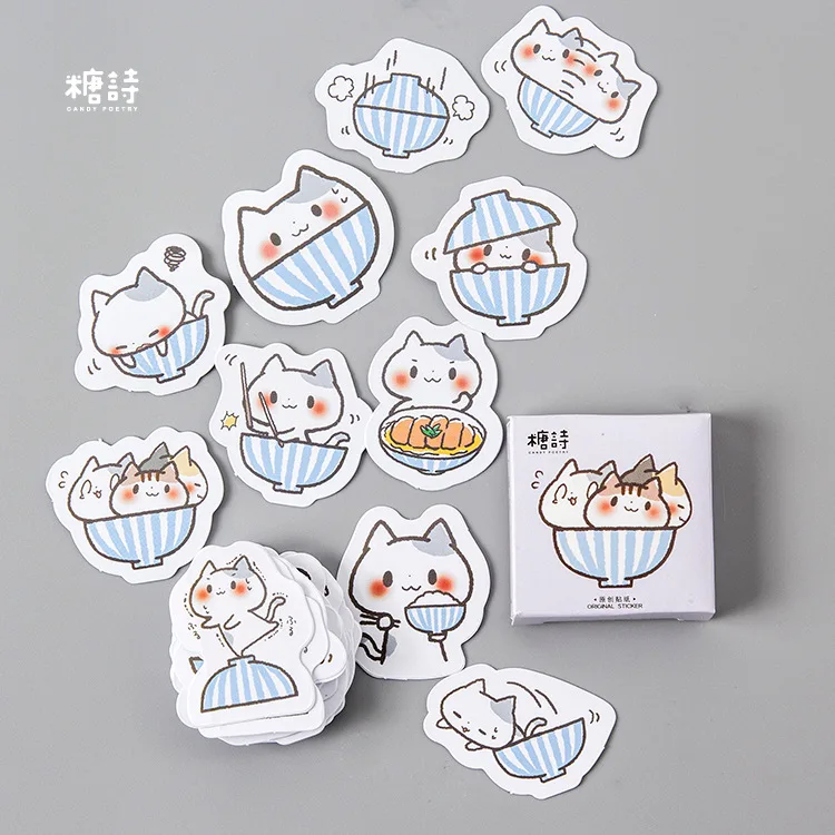 45pcs-pack Cat In Bowl Mini Adhesive Stickers Scrapbooking Diary Album Stick Label Paper Diy Decor