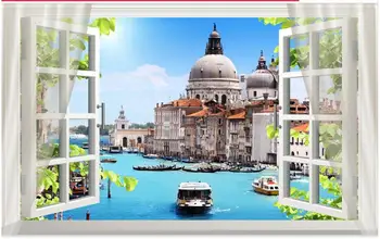 

3D living room simulation fake window wall stickers beautiful landscape painting beach castle house wall paper living room decor