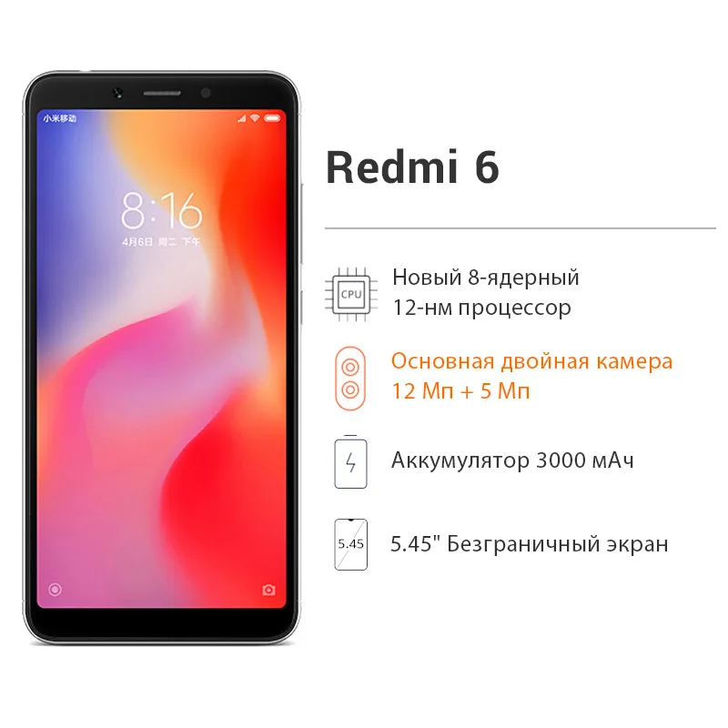 Xiaomi Redmi 6 с глобальной версией, 3 ГБ ОЗУ, 32 Гб ПЗУ, мобильный телефон Helio P22, четыре ядра, 12 Мп+ 5 МП, двойная камера, 5,45 дюймов, 18:9, полный экран