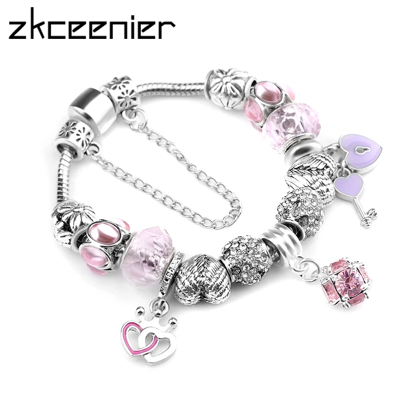 

ZKCEENIER Pink Water Drop Charm Bracelet Bangle European Original Love Heart Beads fit DIY Brand Bracelet Women Jewelry