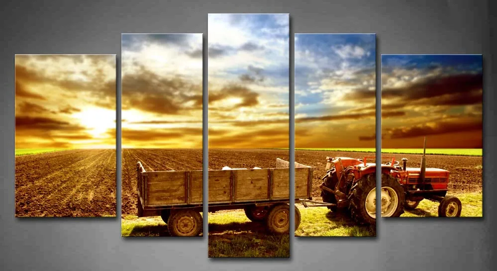 

Framed Wall Art Pictures Tractor Sunset Field Lawn Canvas Print Car Modern Posters With Wooden Frames For Living Room