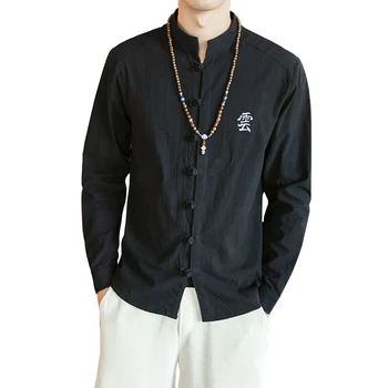 

Linen Men Shirts Embroidery Cloud Chinese Style Flax Shirt For Man Clothing Cotton Linen Long Shirt Slim Buckles Size M-5XL