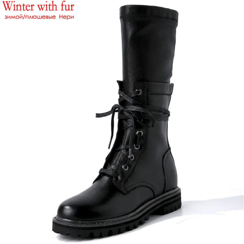 MORAZORA/ новые модные зимние ботинки «милитари» женская обувь натуральная кожа на шнуровке, на молнии, в стиле панк, обувь на платформе, женские сапоги до середины икры - Цвет: black with fur