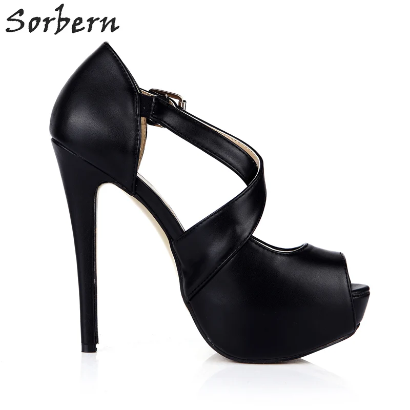 forme Sorbern Talon Celebrity Plate Peep Talons Chaussures Boucles Femmes Dames Hauts Haute Pompes Toe Parti Sangles Color custom Noir Croisées Yx78qpnwYr