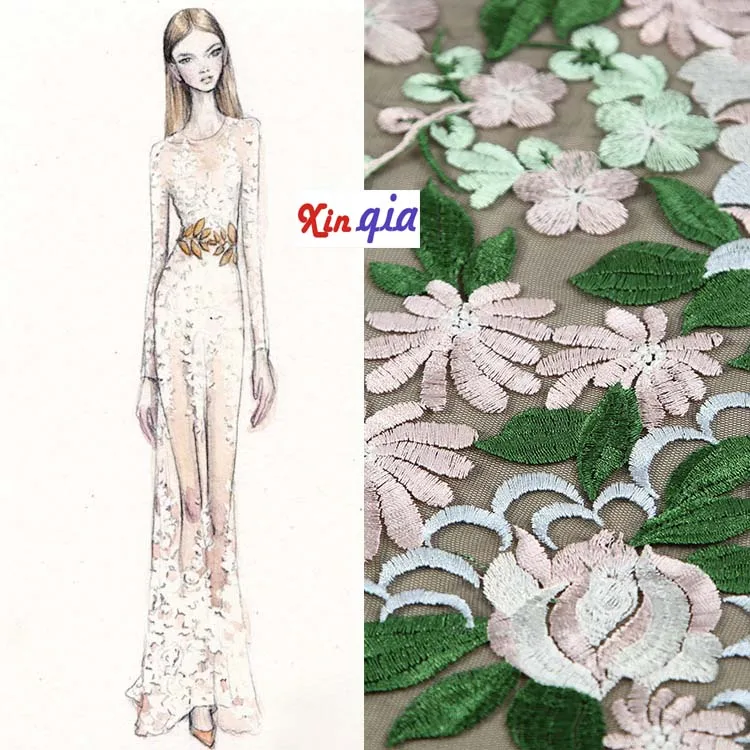 Multicolor computer embroidered fabric lace cloth dresses 3D pretty