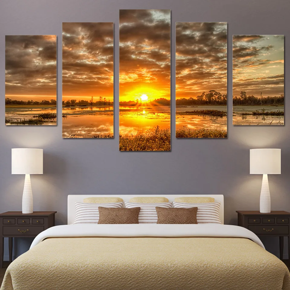 5 piece canvas art sunrise morning sun HD print wall pictures for ...