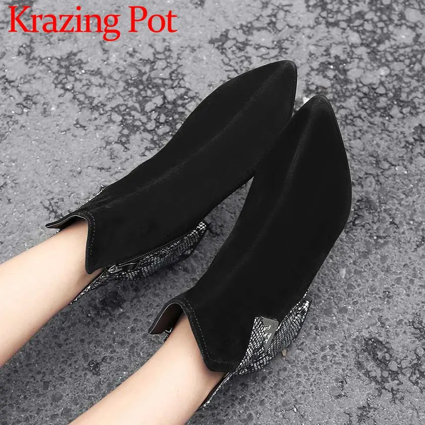

Concise winter brand mixed colors zip chelsea boots plus size pointed toe med heels sheep leather sexy snakeskin grain shoes L84