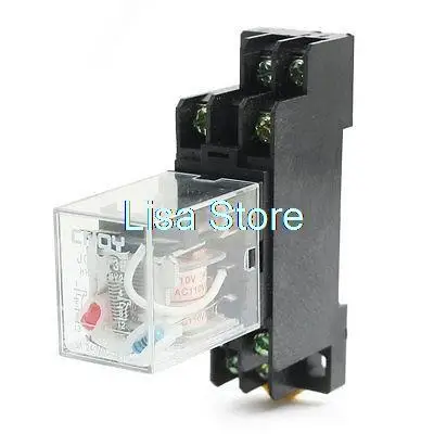 

110VAC 5A Coil DPDT 8Pin Red Lamp Power Relay with 35mm DIN Rail Socket Base