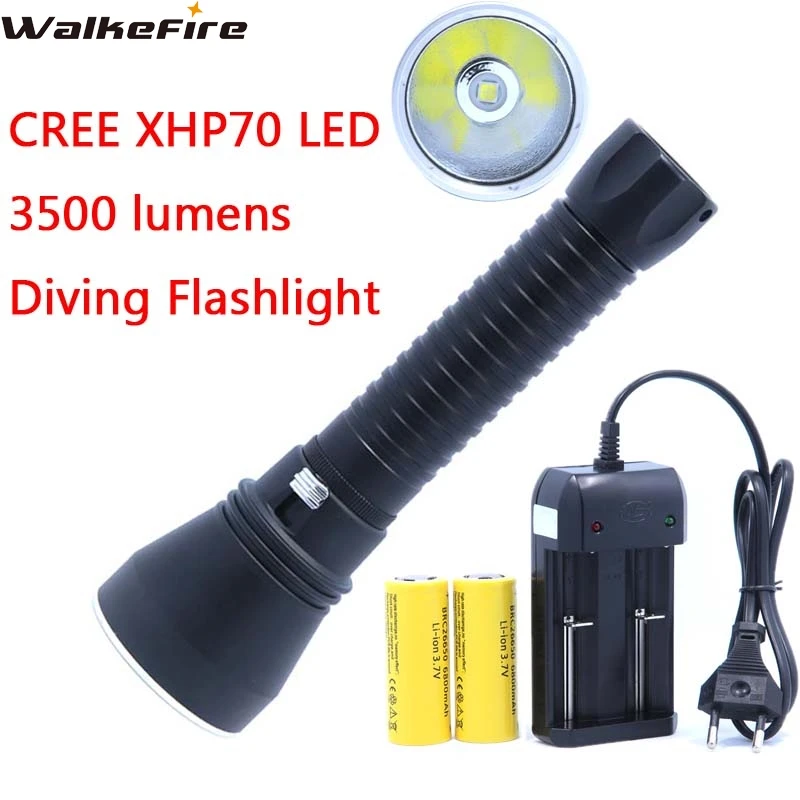 CREE XHP70 Flashlight Torch LED 3500LM Diving 100M Aluminum Cup Powerful Stepless Dimming light & 2*26650 Battery & Charger