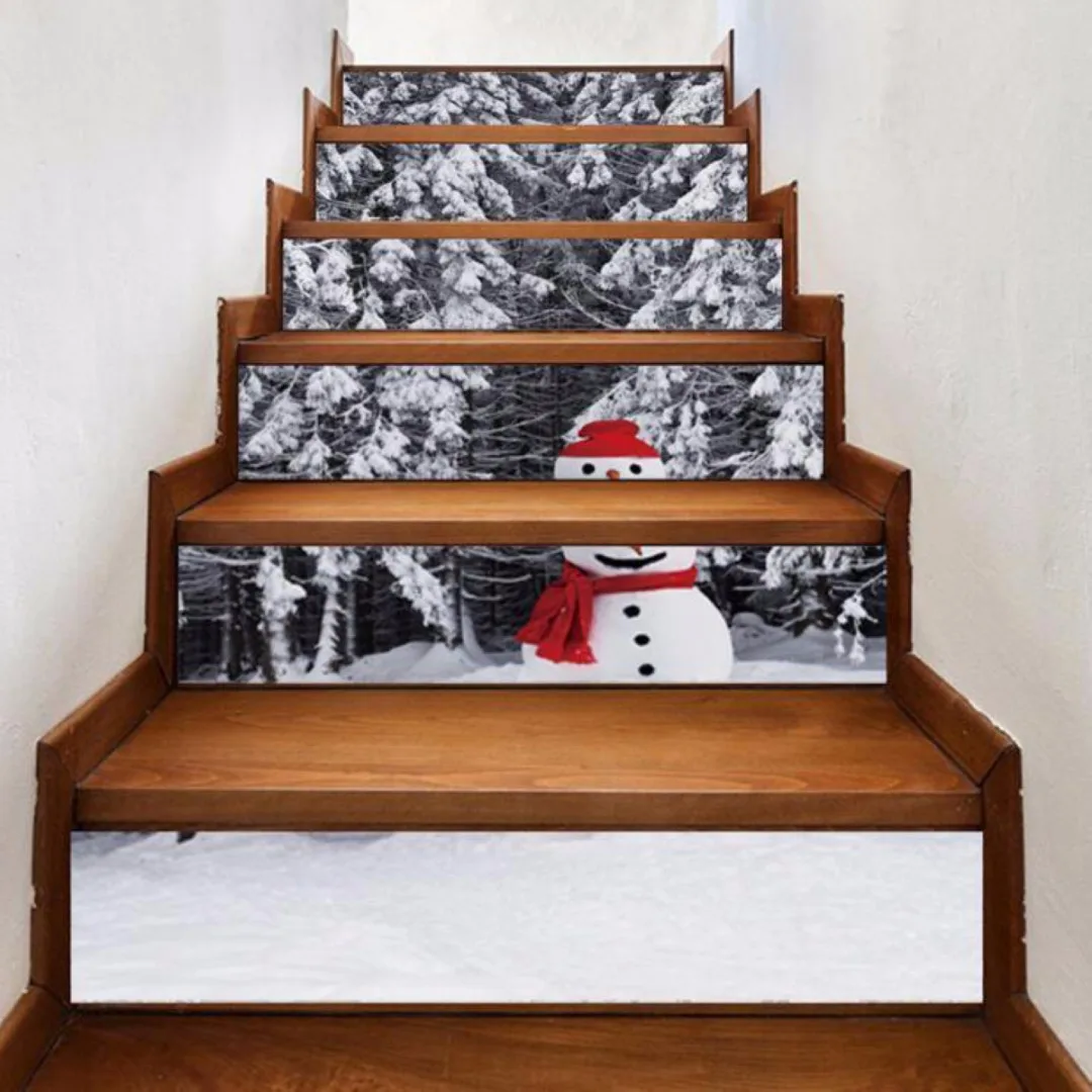 PVC 6 Pcs 3D Christmas Tree Snowman Self-adhesive Stair Stickers Xmas Home Decor