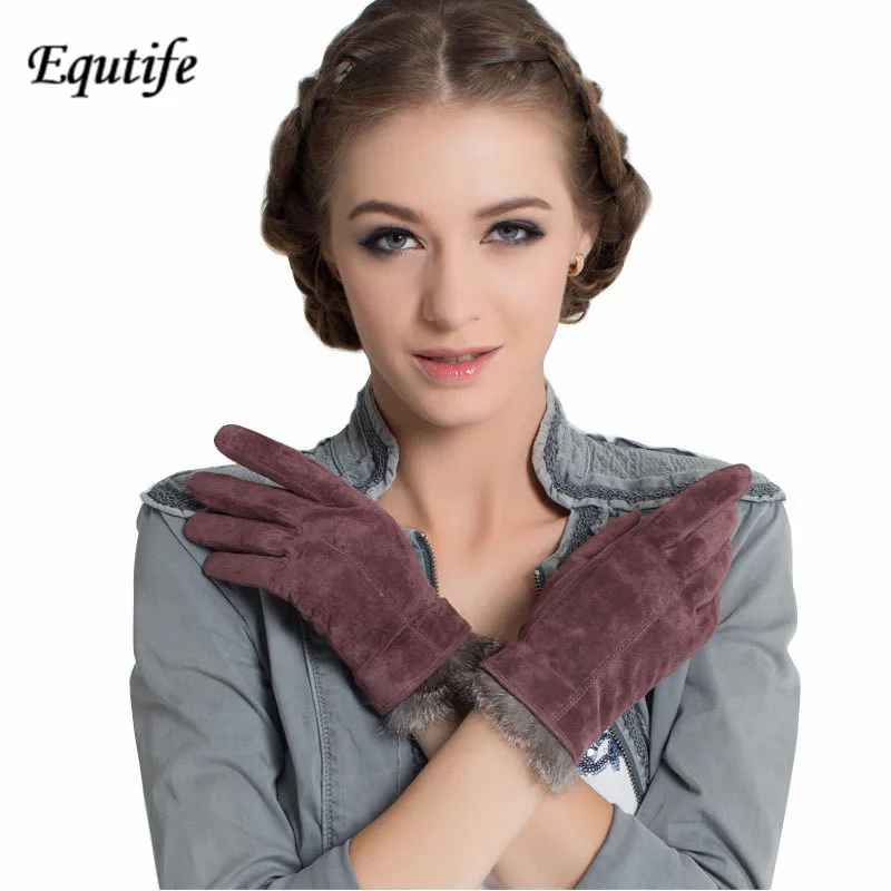 Элегантные женские замшевые перчатки из свиной кожи, теплые короткие перчатки на запястье с милым кроличьим мехом, высококачественные Женские варежки A2009
